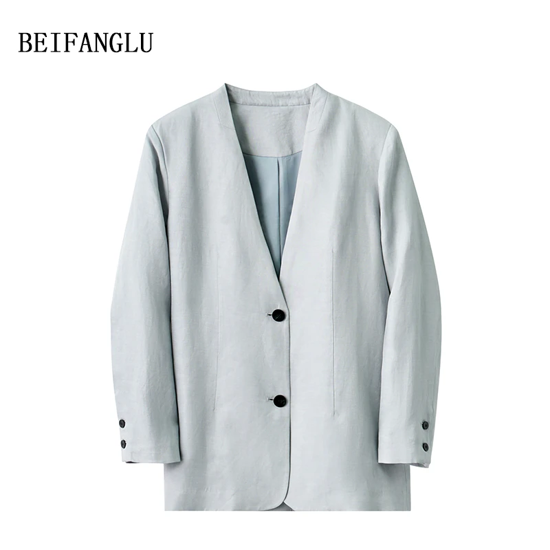 北方鹿【高智感穿搭】早秋天丝亚麻气质通勤V领女士西装外套10106