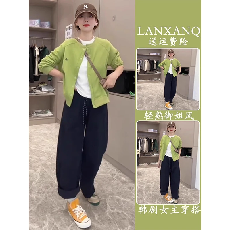 2025秋季新款小个子一整套高级感超好看绿色上衣阔腿裤两件套装女