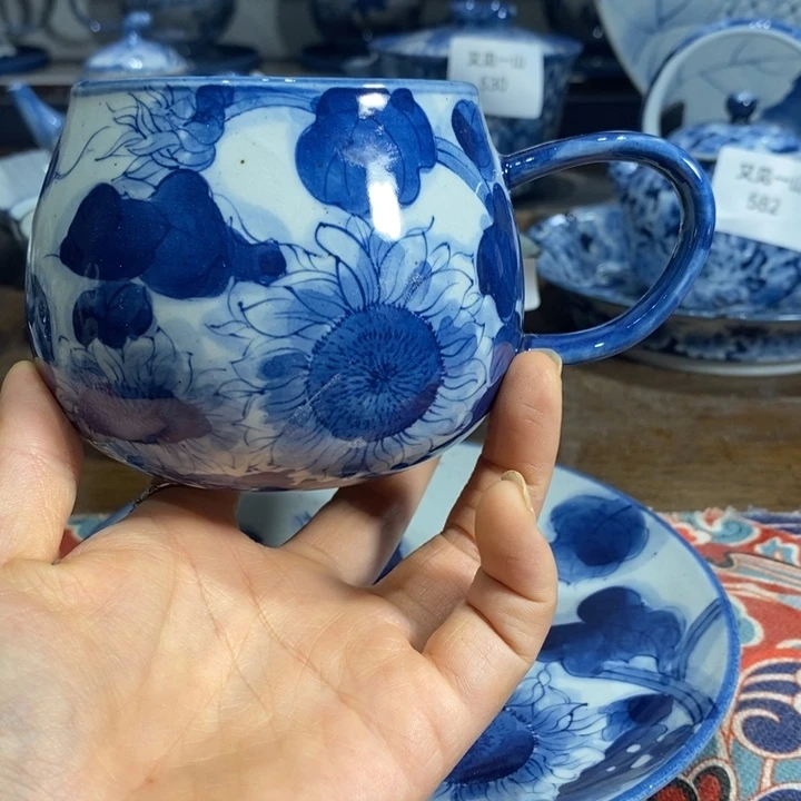 景德镇手绘向日葵青花咖啡杯套装