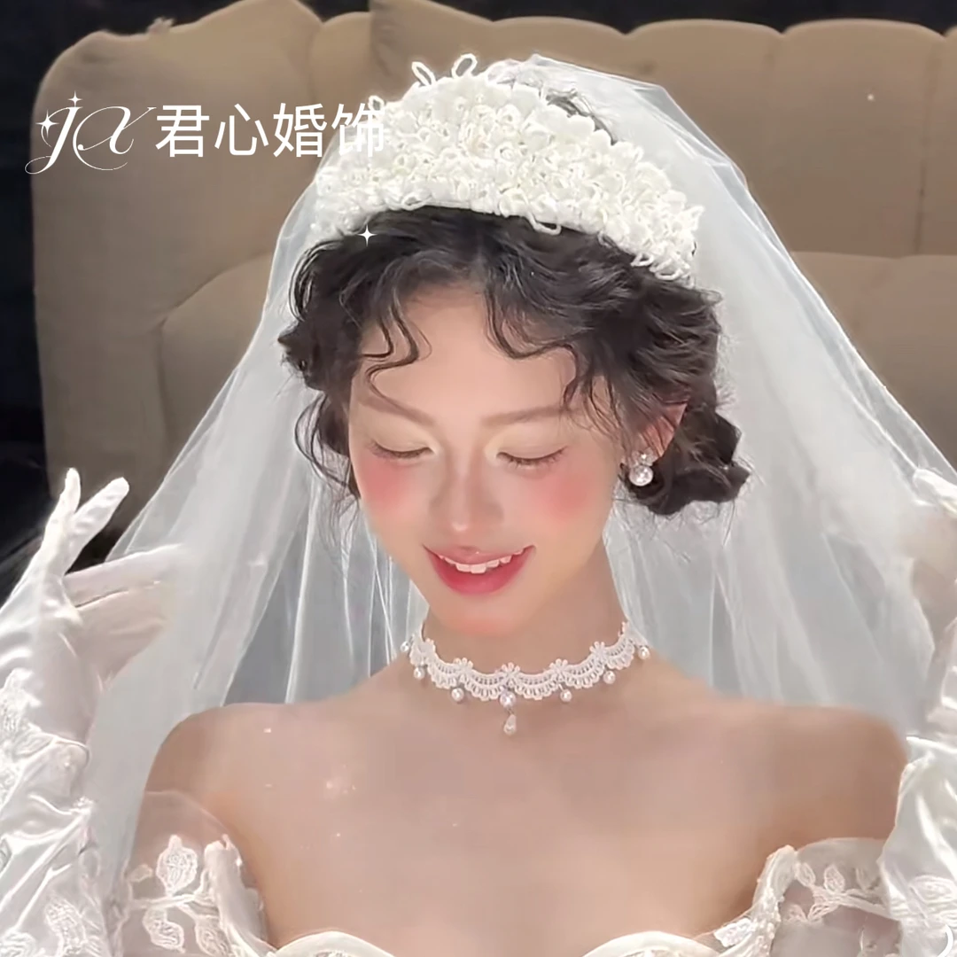 君心家 1-3手作铃兰花皇冠头纱两件套新娘白纱造型头饰