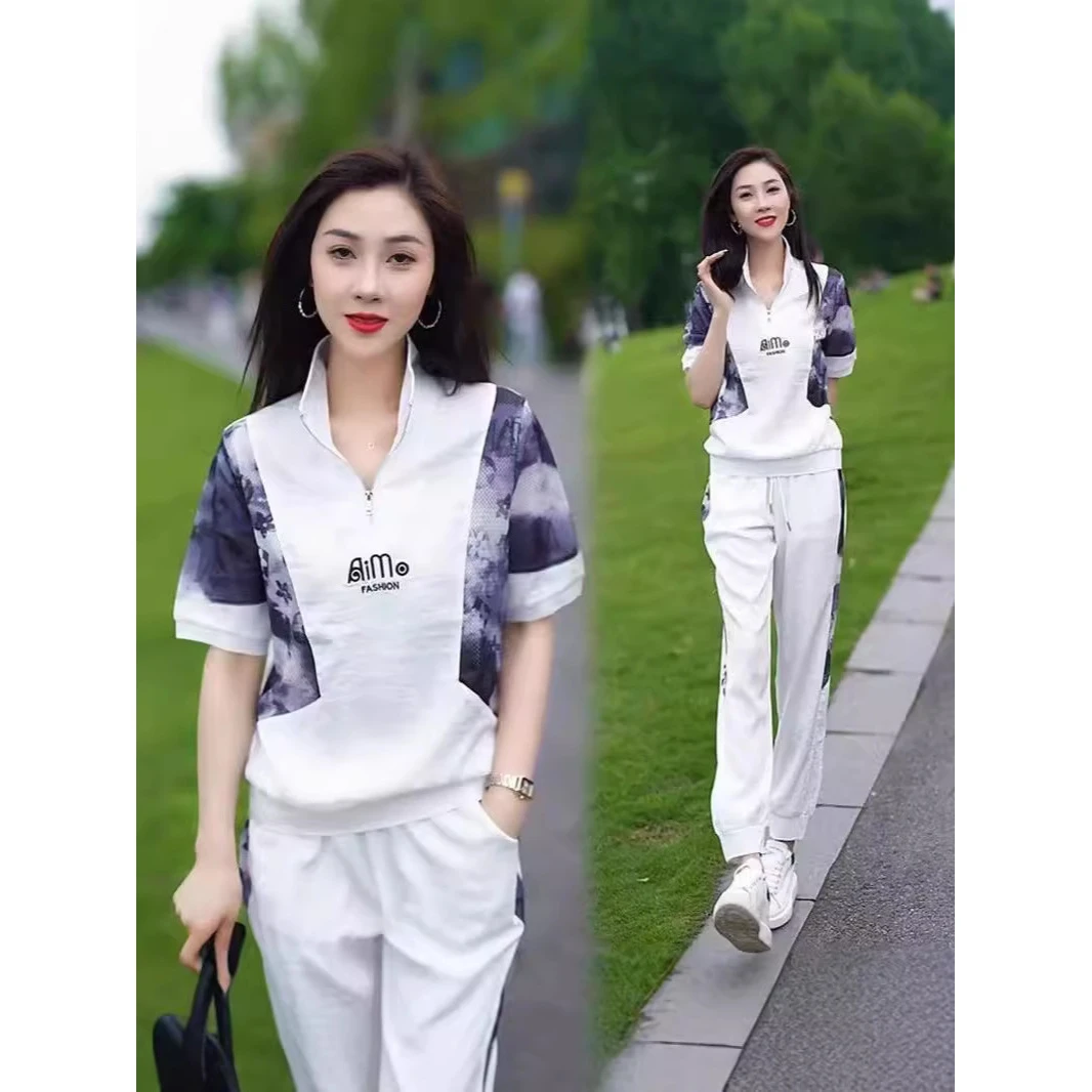 夏季休闲运动套装女2025新款洋气宽松短袖立领拉链卫衣卫裤两件套