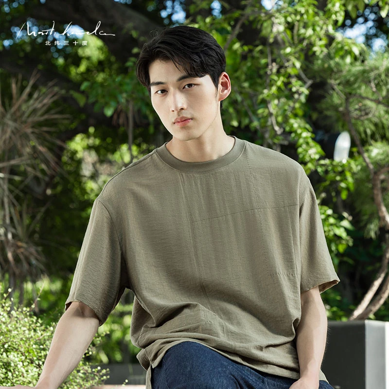 北纬三十度原创设计师品牌男士百搭宽松圆领休闲纯色T恤24576