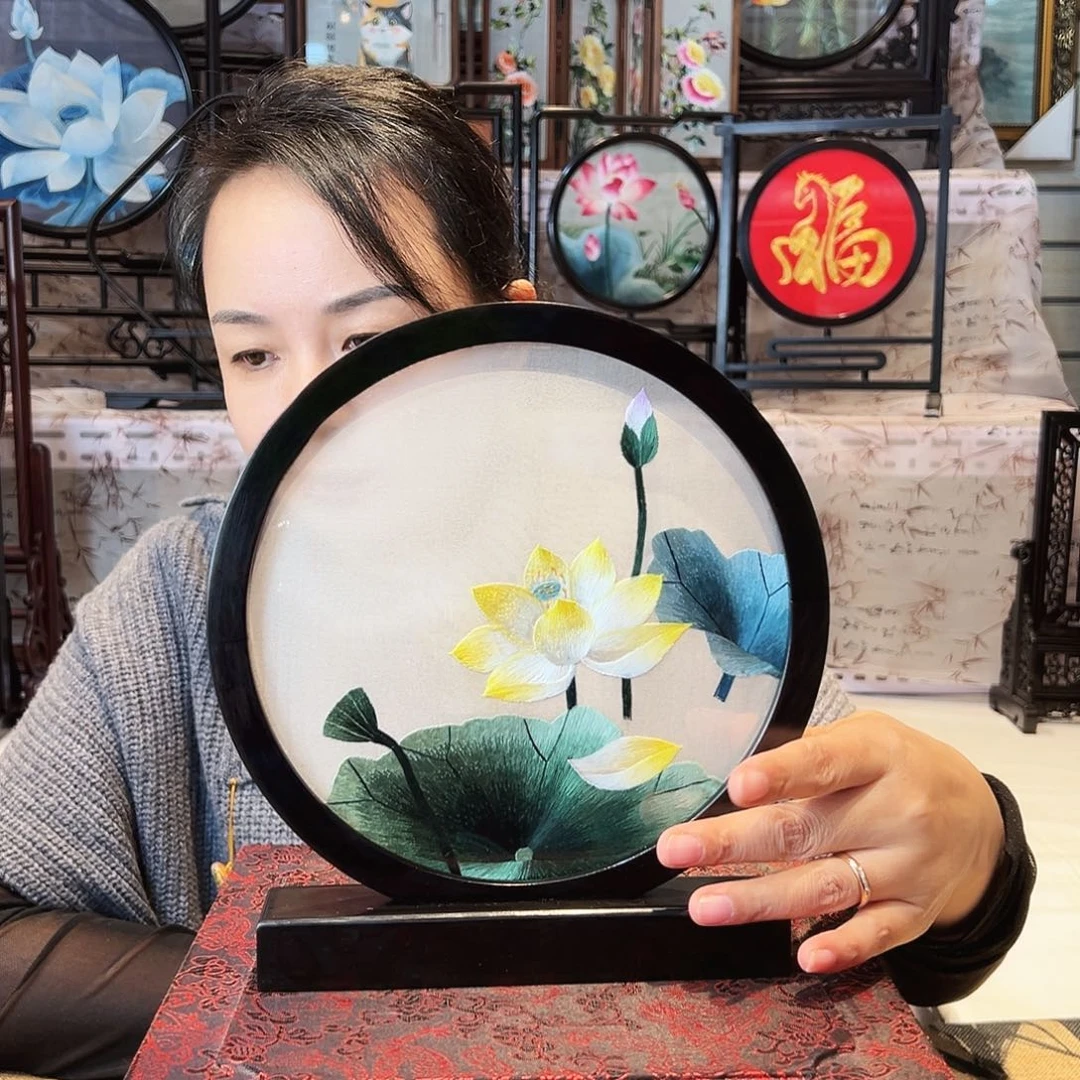 织绣苏绣摆台檀木手工双面