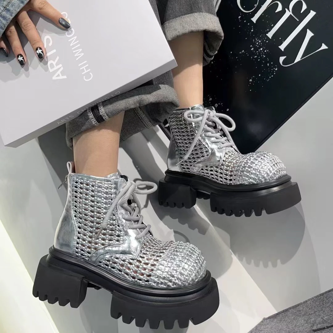 镂空透气网靴厚底松糕马丁靴女增高休闲短靴春夏时尚