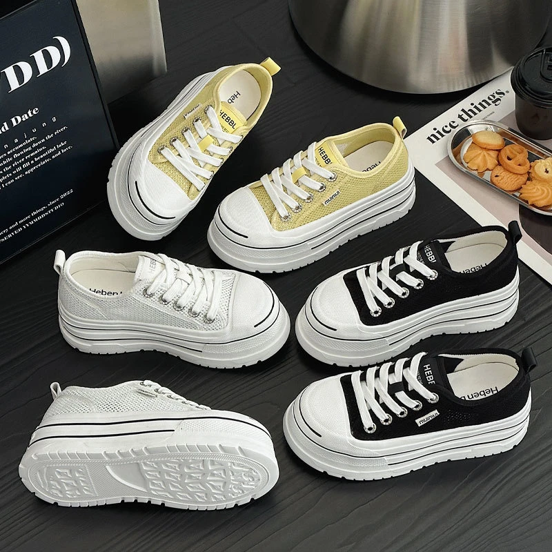 【增高6CM】厚底透气帆布鞋女夏季薄款网面滑板鞋2025新款超轻真皮