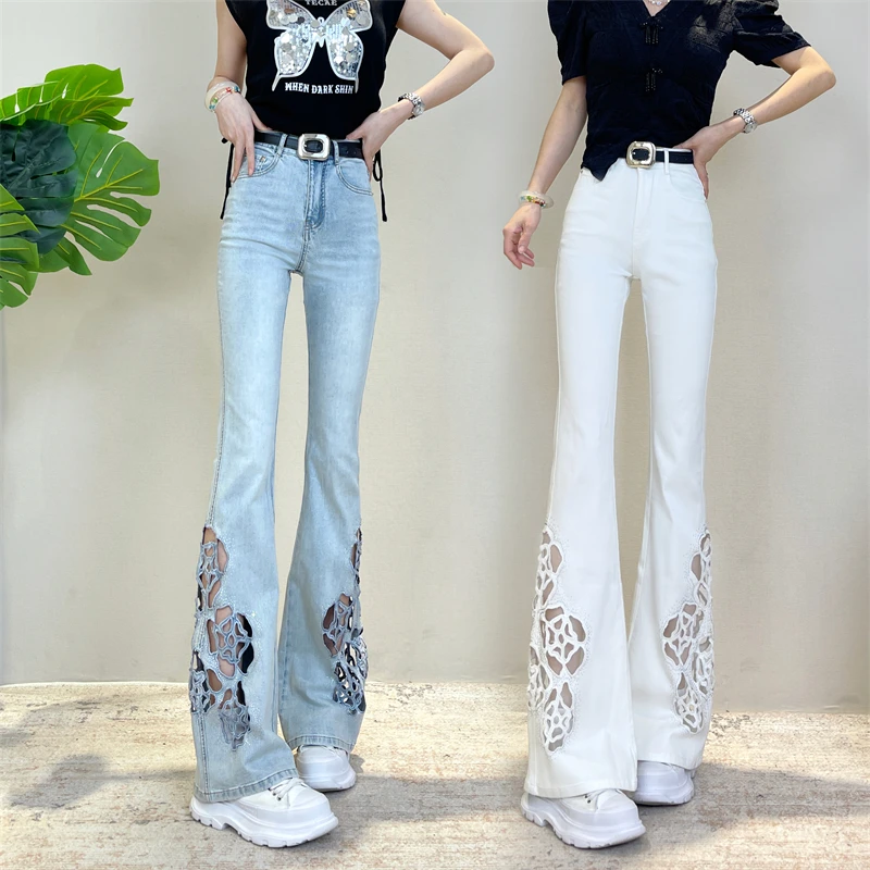 迪否镂空玫瑰微喇牛仔裤2025夏季薄款时尚百搭炸街喇叭裤6109