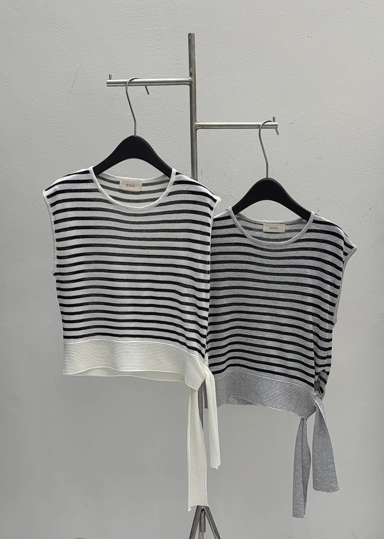 条纹无袖下摆系带上衣