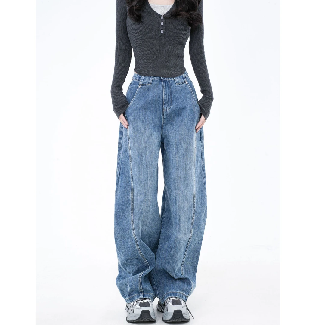 【BAMAY】宽松弯刀牛仔裤美式复古水洗阔腿休闲裤显瘦BM251PJ005CM