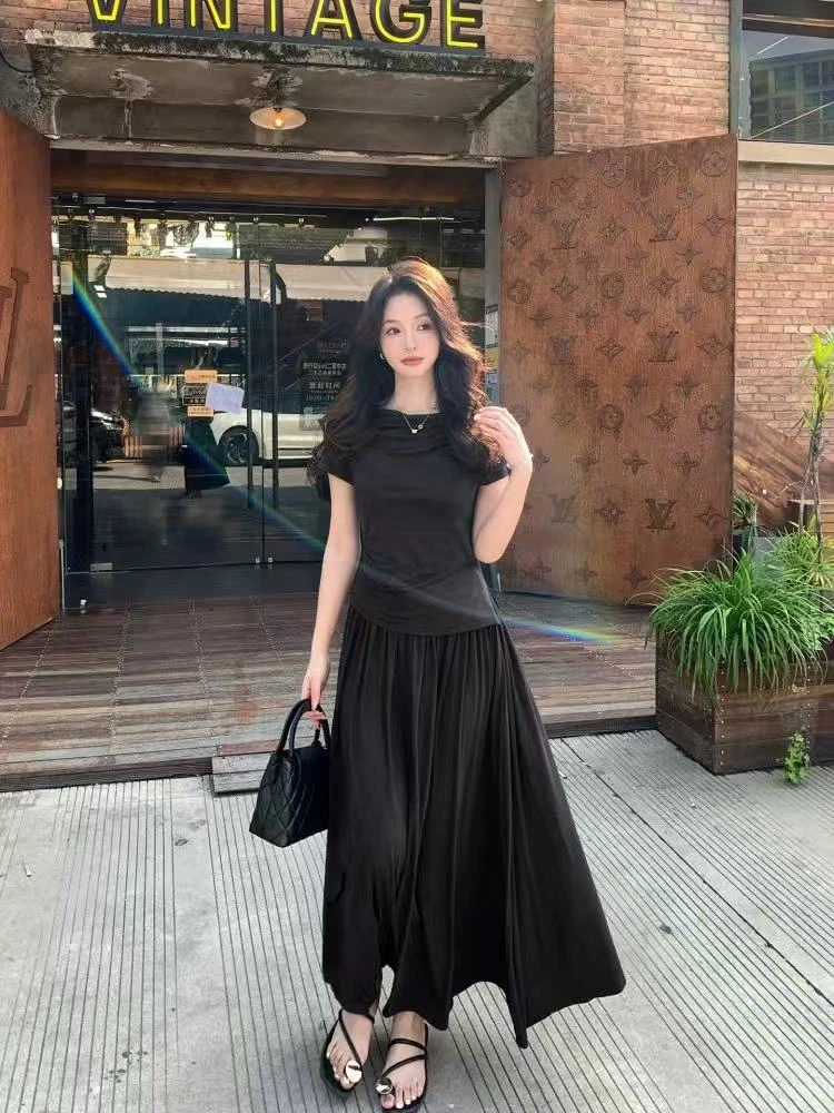 时尚休闲气质荡领设计感上衣女夏季高腰半身裙两件套装