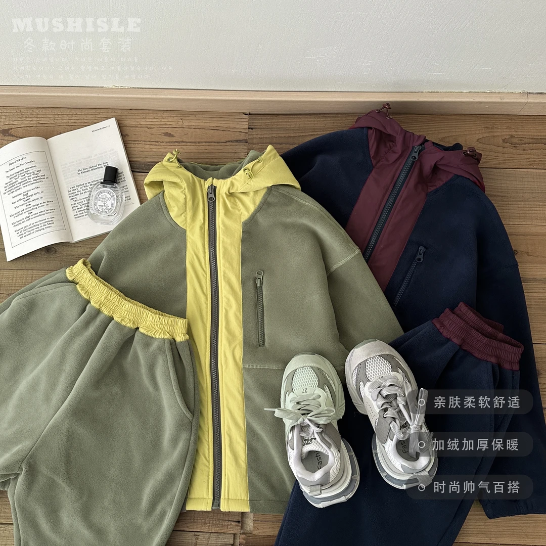 阿又冬季童装儿童男童中大童亲子奥利绒撞色套装99160D