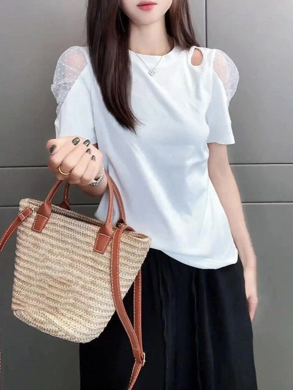 欧货圆领网纱波点拼接短袖T恤2025夏季新款时尚穿搭镂空25866#