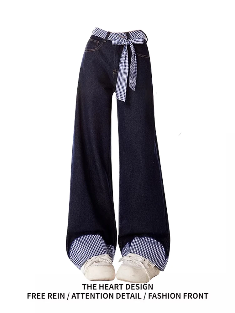 绑带格子拼接蝴蝶结牛仔裤女夏季设计感直筒高腰宽松显瘦阔腿裤子