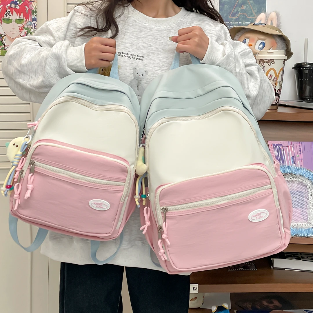 小清新ins撞色书包女初中高中学生韩版百搭双肩包大学生电脑背包