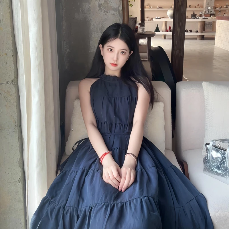 法式系带收腰连衣裙女夏季新款韩版休闲宽松设计感显瘦无袖背心裙