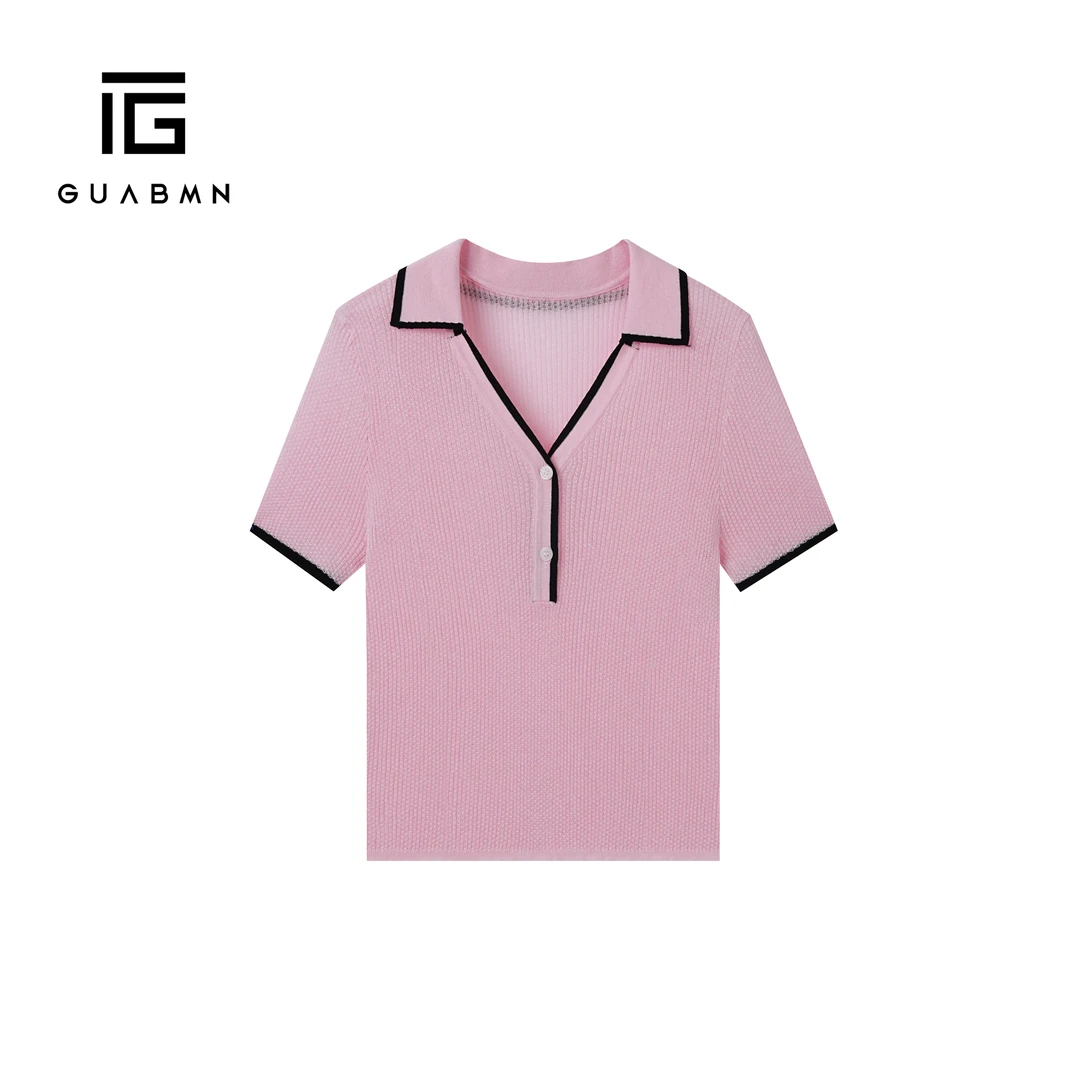 GUABMN2025夏季新款修身撞色边v领短袖上衣针织衫T恤夏日穿搭5123