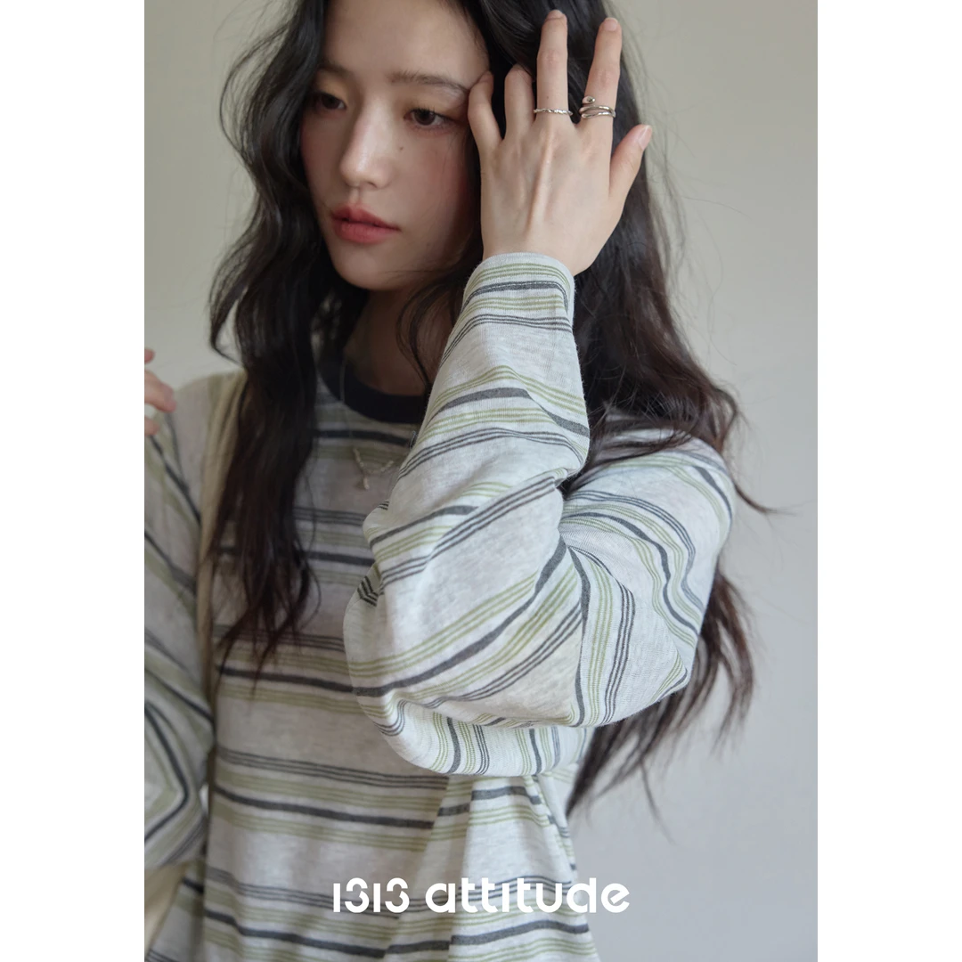 1313清爽盐系绿条纹休闲长袖防晒衫罩衫女夏薄款透气宽松复古T恤