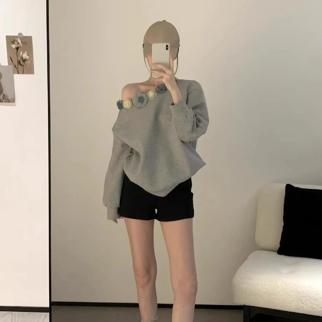 冷淡系灰色卫衣女款 早秋韩版宽松上衣 洋气高级感长袖卫衣 斜肩