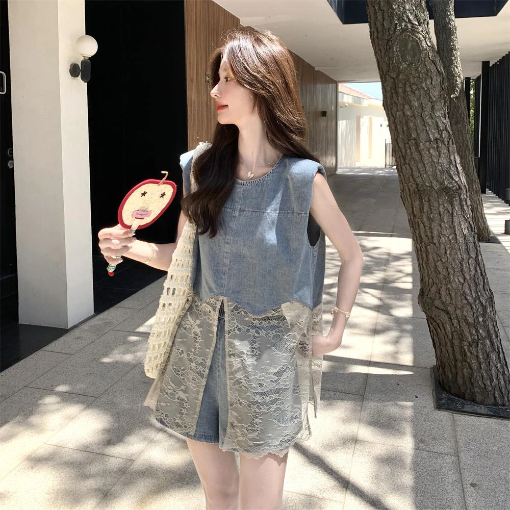甜美蕾丝拼接牛仔短裤套装女夏2025新款小个子巨好看高级感两件套