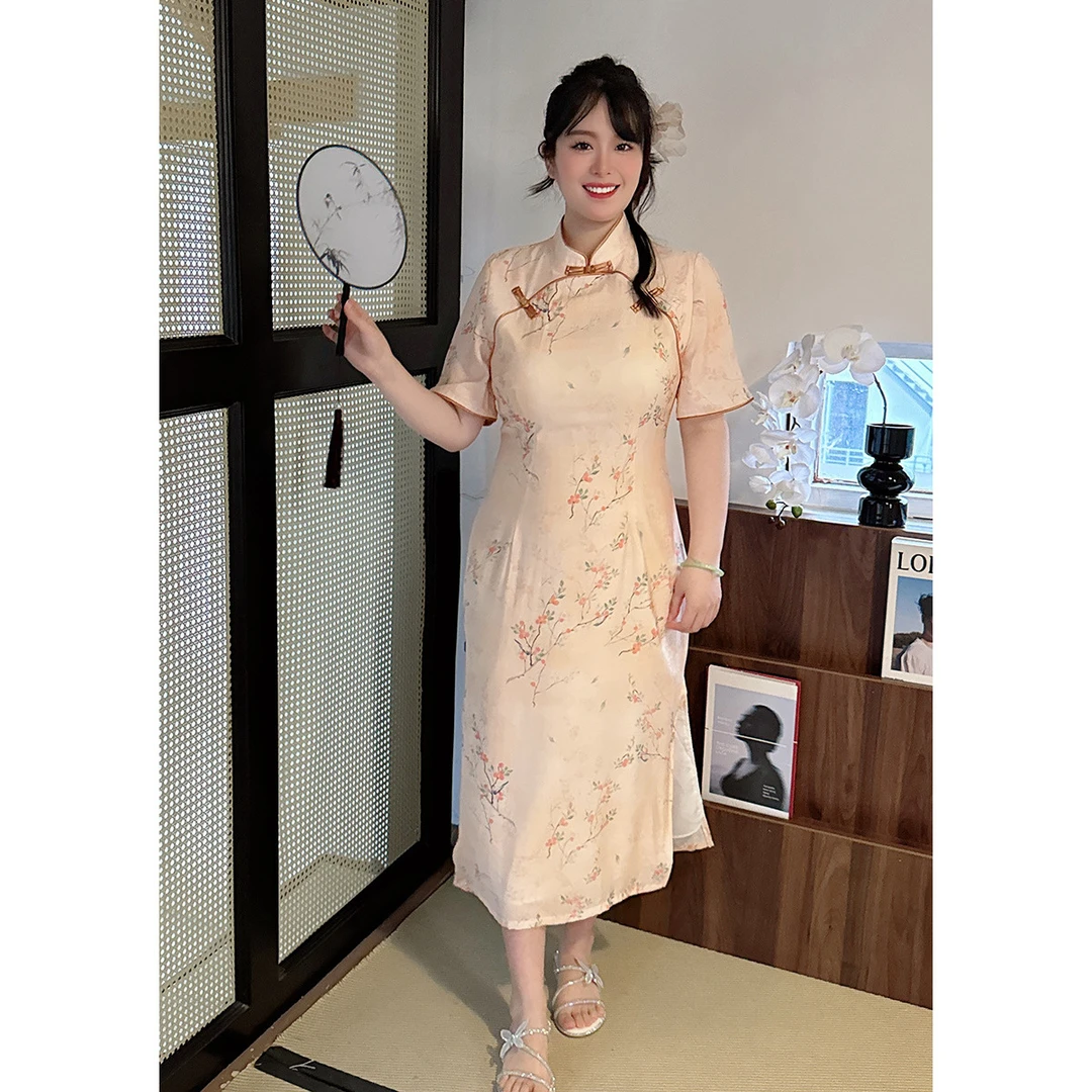 码加加现货 柿柿如意-36731  新中式国风新款黄色旗袍大码连衣裙