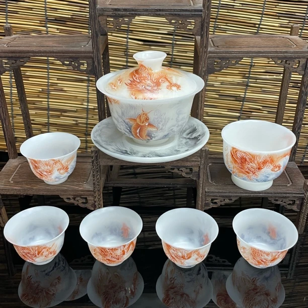 罗文钟手绘鱼跃龙门冰晶璞玉薄胎不烫手办公家用功夫茶具