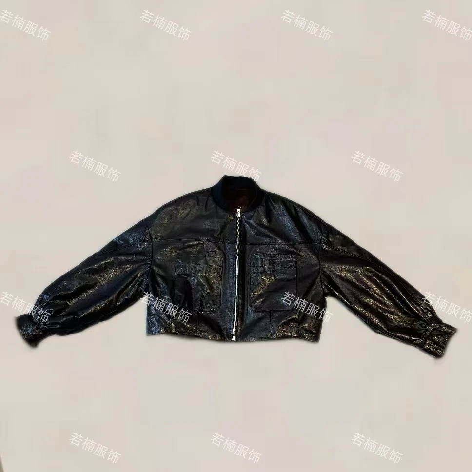 【若楠服饰】极简圆领短款女士皮衣外套-25832
