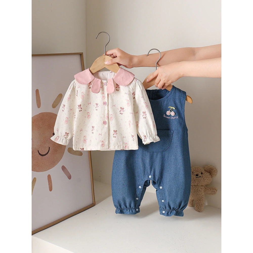 【平替好物】婴儿套装秋款娃娃领背心牛仔裤长袖碎花上衣两件套宝宝