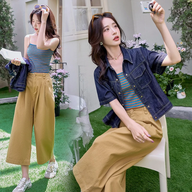 休闲时尚牛仔套装女2025夏季新款设计感气质条纹吊带阔腿裤三件套