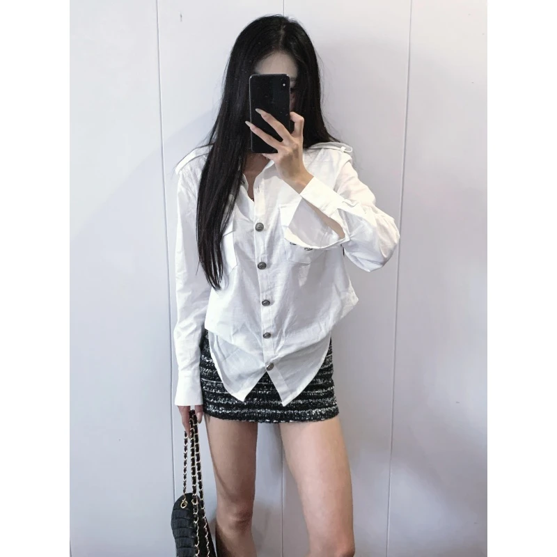 韩版休闲慵懒风白色polo领衬衫秋季高腰辣妹时尚包臀短裙两件套潮