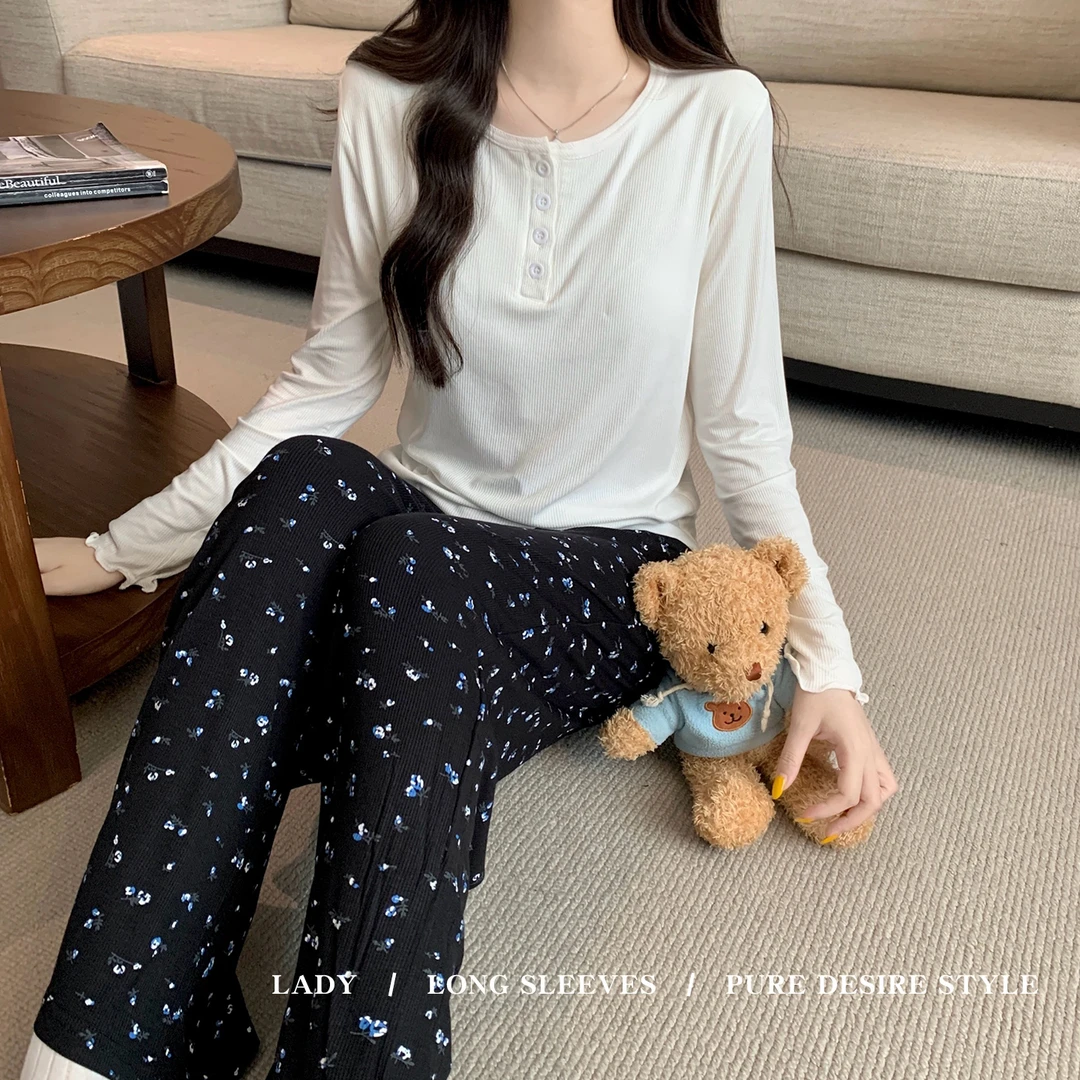 睡衣女款春秋季显瘦薄款长袖冬天纯欲风休闲碎花长裤带胸垫两件套