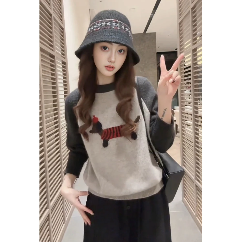 秋冬新款气质复古慵懒风撞色拼接小狗提花宽松针织衫女百搭毛衣