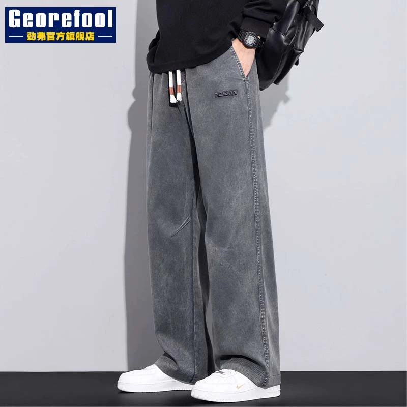 天丝牛仔裤男士2025新款春秋潮牌阔腿雪花美式宽松直筒休闲裤子男