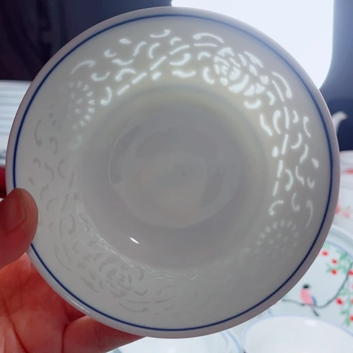 青花玲珑5寸饭碗满雕双福双线