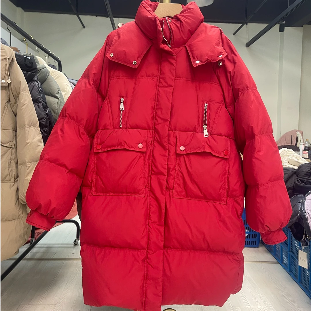 袋盖大口袋连帽休闲羽绒服长款女款保暖加厚冬季纯色中长款