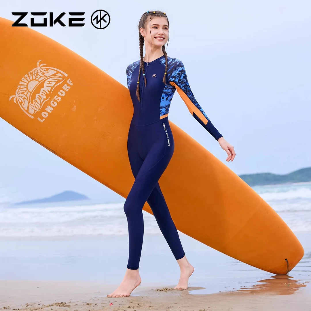 zoke洲克新款女士连体泳衣长袖九分防晒浮潜冲浪温泉潜水游泳衣女