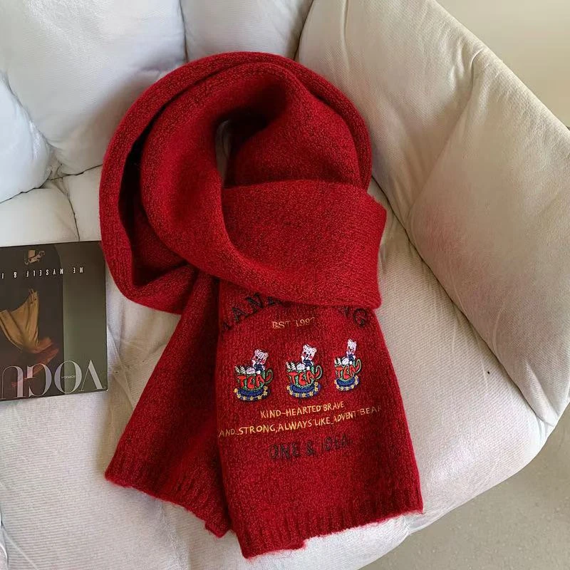 2024新款高级感保暖加厚围脖纯色刺绣针织毛线围巾女冬季