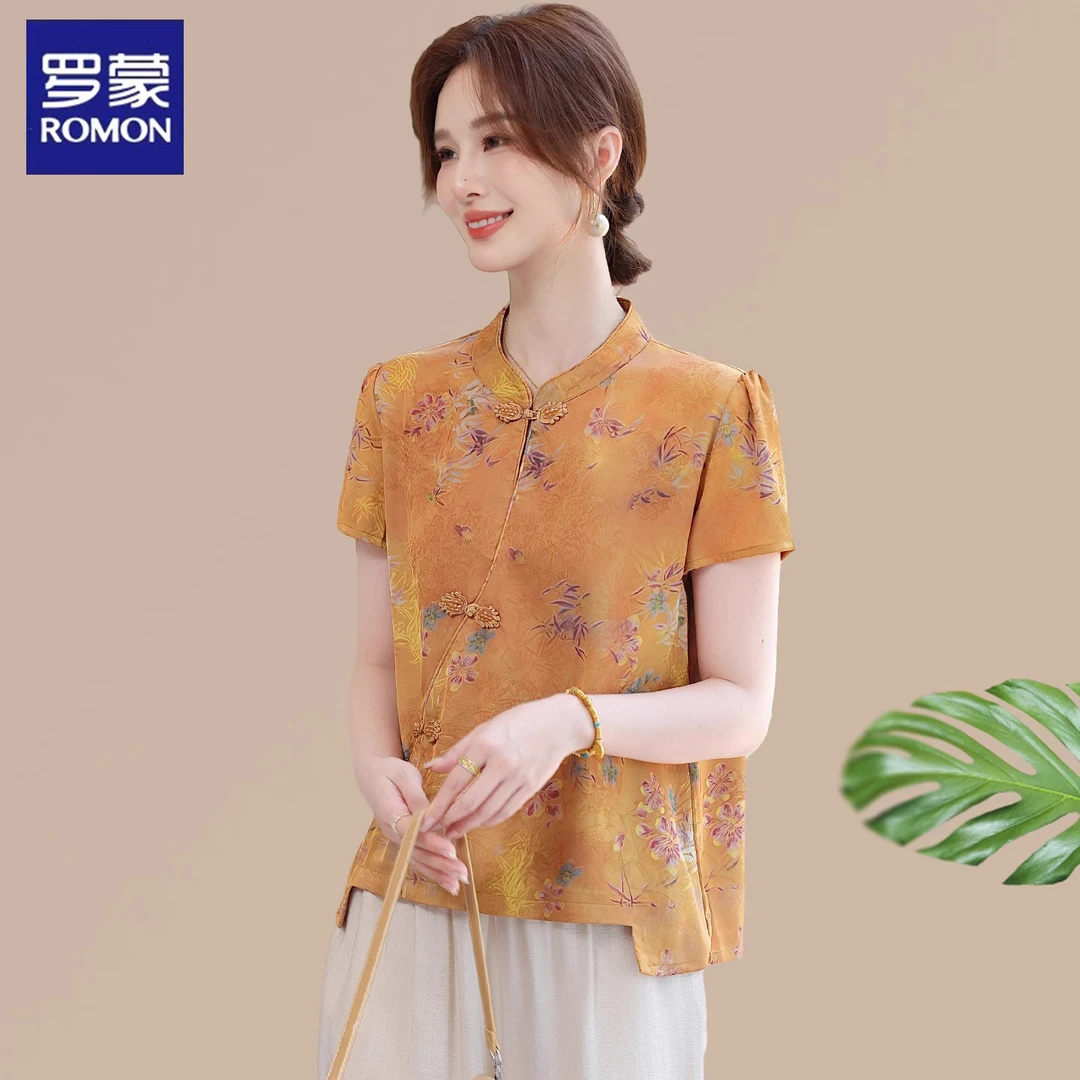 罗蒙妈妈上衣中老年人奶奶衣服夏季国风贵气感小衫两件套50多岁女