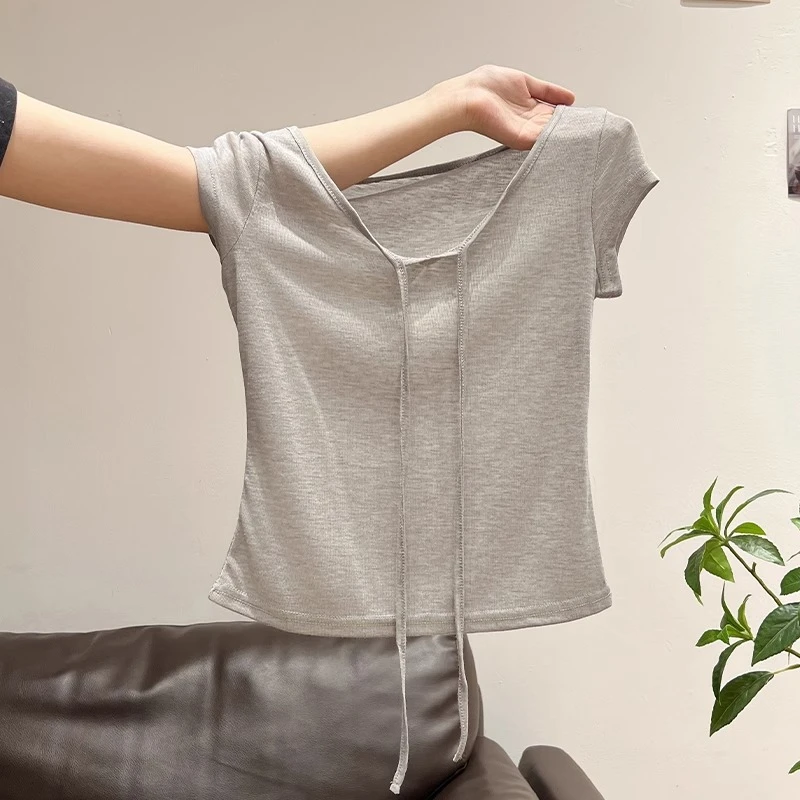 灰色好韩好高级！U领系带设计感短袖T恤女装2026夏季薄款凉感正肩