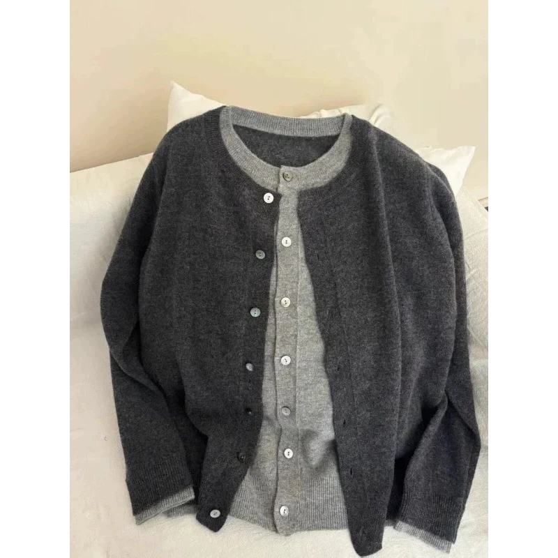 墙裂推荐！巨好看！开衫女拼色灰蓝假两件针织衫毛衣外套高级感上衣