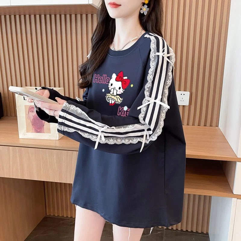 蕾丝花边条纹蝴蝶结长袖T恤女春季韩系休闲宽松中长款设计感上衣