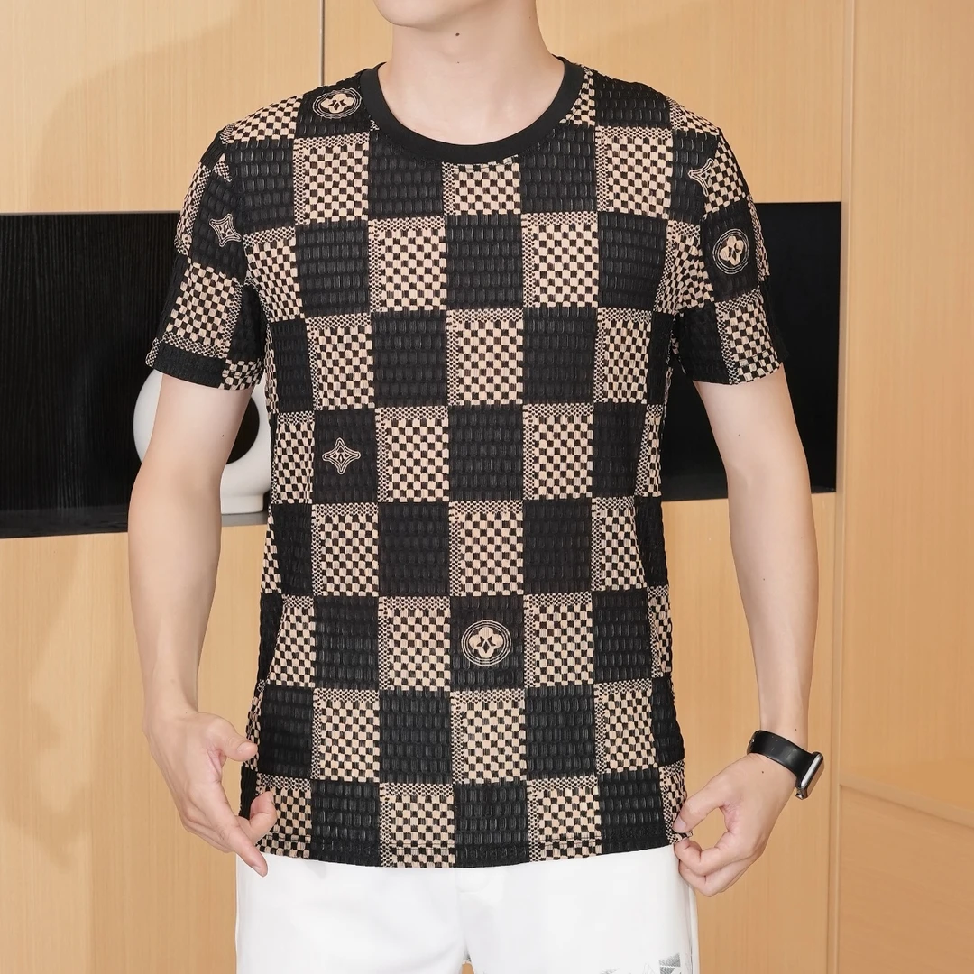 2025夏季男士圆领冰丝拼接个性上衣短袖棋盘格帅气百搭休闲潮流