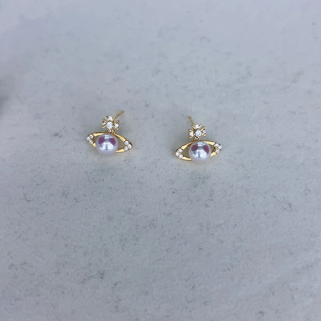 海水珍珠海水akoya土星耳钉5-6mm银S925镶嵌