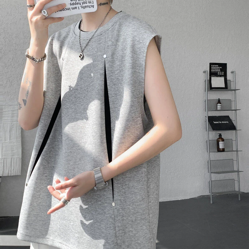 美式解构分割无袖背心男款夏季小众时尚重磅t恤高街正肩痞帅坎肩