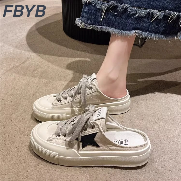 FBYB包头半拖鞋女2025新款夏季外穿休闲帆布鞋无后跟百搭懒人厚底