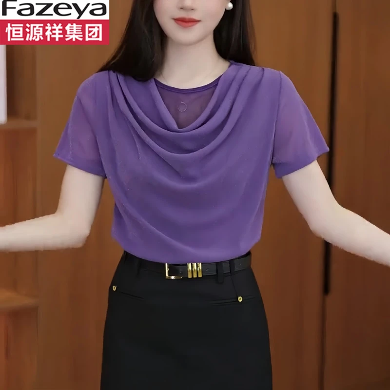 恒源祥彩羊恒源祥短袖网纱打底衫女装春夏2025新款洋气妈妈装堆堆