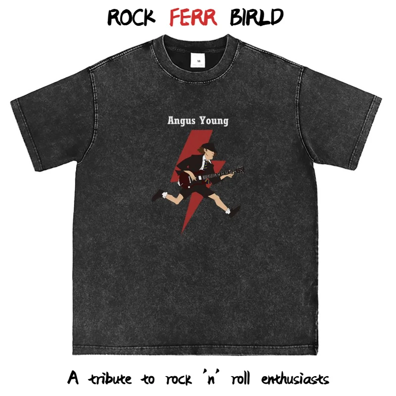 AC/DC乐队水洗做旧灰复古美式街头摇滚背心无长短袖T恤