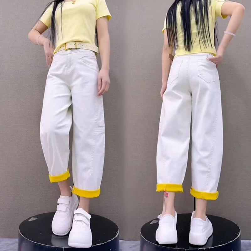 撞色九分牛仔弯刀裤女2025年春夏新款高腰显瘦洋气白色直筒哈伦裤