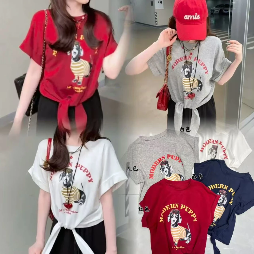 8231-小狗印花绑带短袖T恤