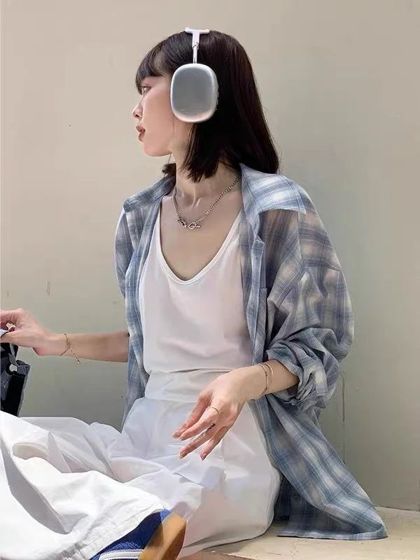 蓝色格子衬衫女春宽松休闲新款百搭长袖慵懒中长款防晒衬衣外套