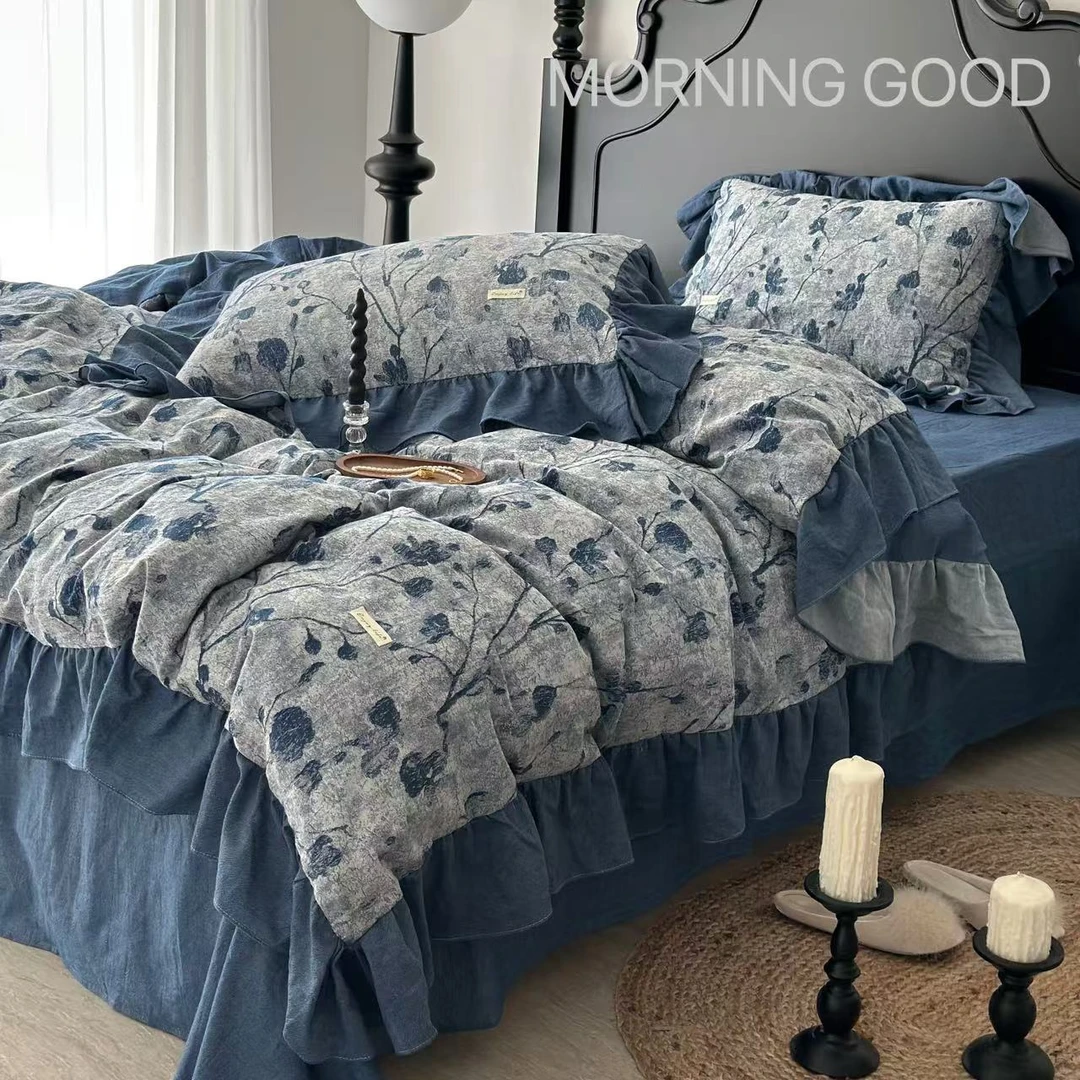 【MORNING GOOD】定制款丹宁蓝色织全棉水洗提花高级复古花边四件套