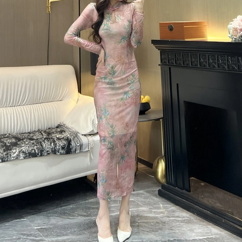 气质女人味轻奢立领长袖烧花扎染淡漠青衫显瘦性感包身开衩连衣裙